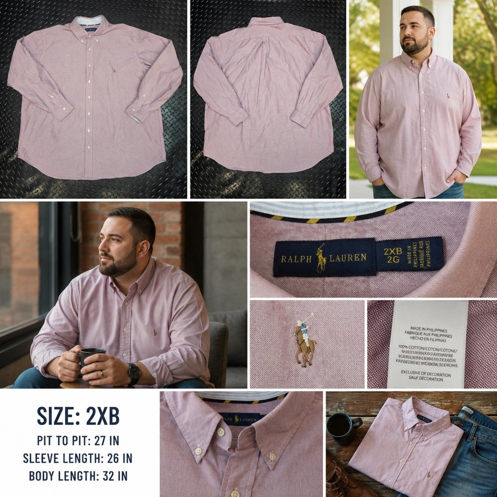 Ralph Lauren Mens 2XB Big & Tall Oxford Button Down Shirt Burgundy Pink Cotton